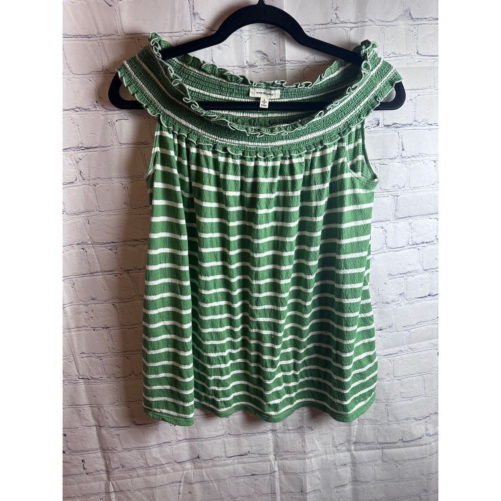 MAX STUDIO Green & White Striped Ruffle Neck Tank Top Size L